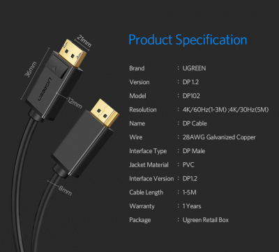 10245 Кабель Ugreen DP102 DisplayPort-DisplayPort, 1.5m, Цвет-черный. можно капить на ugreen.by