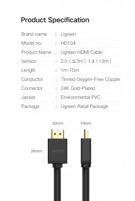 10112 Кабель UGREEN HD104 HDMI v1.4, медь 19+1, цвет: желтый+черный, 20M можно капить на ugreen.by