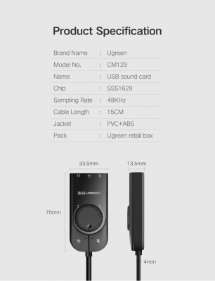 50599 Звуковая карта внешня UGREEN CM129, USB, поддержка 2 наушников, цвет: черный можно капить на ugreen.by