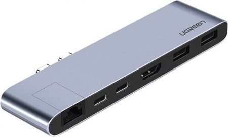 50984 Конвертер UGREEN CM218 2*USB-C в 2*USB 3.0, 1*HDMI(4K), LAN (1Gbit), цвет-серый