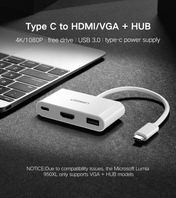 30377 Конвертор сигнала Ugreen US163 Type-C - HDMI, USB 3.0, Type-C PD Port. Цвет - белый. можно капить на ugreen.by