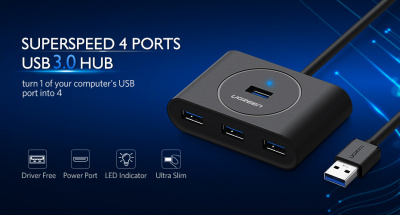 20291 Разветвитель портов Ugreen CR113 USB 3.0 - 4xUSB 3.0.Цвет- черный. Длина кабеля - 1м можно капить на ugreen.by